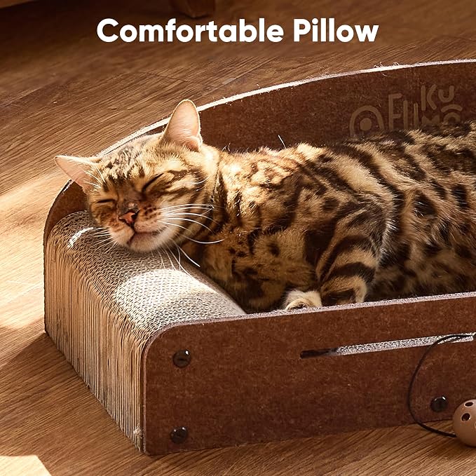 FUKUMARU Large Cat Scratcher Bed, 26 Inch Cat Scratching Bed Sofa Indoor | Cardboard Cat Scratcher with 2 Reversible Scratch Pad Refills, Durable Large Cat Scratching Lounger with Ball Toy, Caramel - Image 3