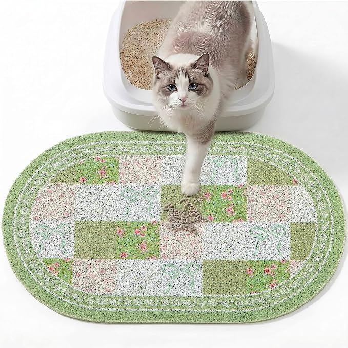Bienbee Cat Litter Mat, 24" x 15" Litter Box Mat Rug with Non-Slip Bottom,Urine and Water Proof, Easy to Clean Cat Supplies Essentials for Indoor Kitty Kitten Floor, Green Floral Knot M by Bienbee