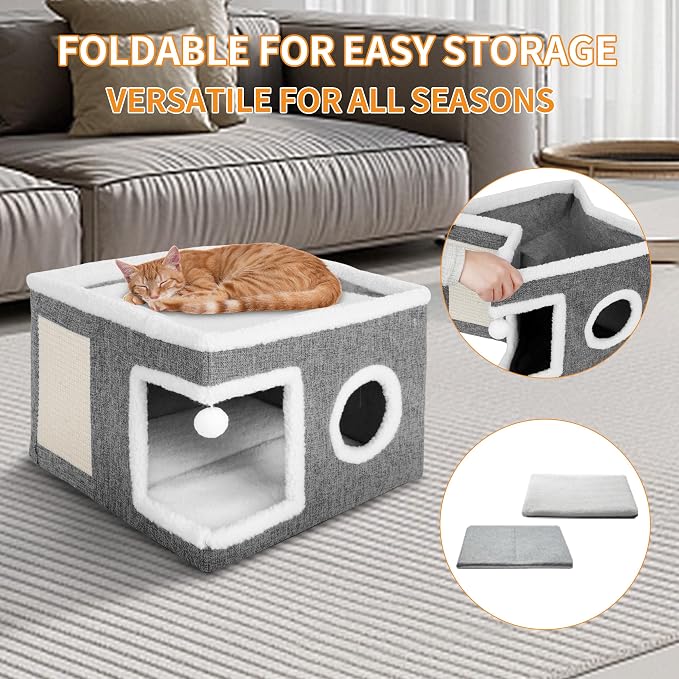 Cat Beds for Indoor Cats, Large Cat Cave with Fluffy Ball and Scratch Pad, Foldable Cat Scratch House with Hideaway Condo for Kitten, Grey - Image 5