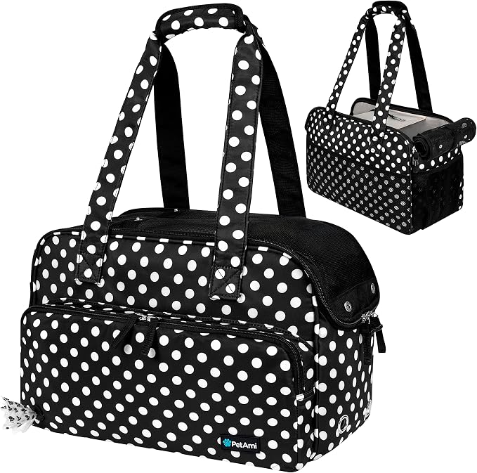 PetAmi Small Dog Purse Carrier, Soft-Sided Pet Carrier Bag with Pockets, Portable Puppy Cat Travel Handbag Tote, Airline Approved Breathable Mesh, Poop Bag Dispenser, Max 18 lbs, Polka Dot Black by PetAmi
