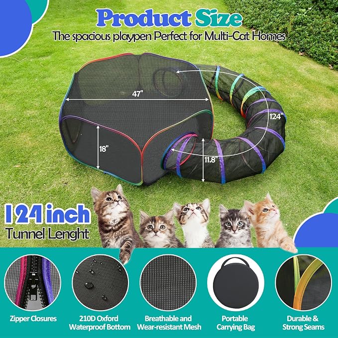 Outdoor Cat Enclosure, 2-in-1 Pop-up Portable Catio Playground | Foldable Cat Playpen with Tent & Tunnel, Breathable Mesh, Waterproof Bottom, Carry Bag, Outside and Indoor Use for Small Pets - Image 2