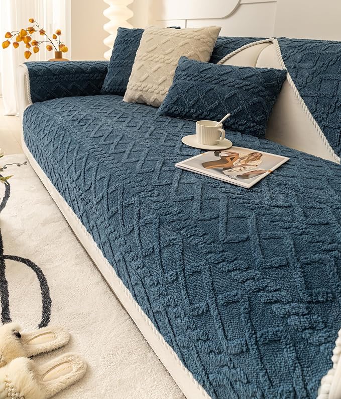 vctops Geometric Jacquard Plush Sofa Couch Covers Farmhouse Neutral Non Slip Sectional Couch Cover Soft Warm Sofa Slipcover for Dogs, Children, Pets Furniture Protector (Dark Blue,36"x36") - Image 6