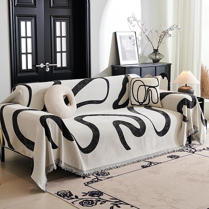 MYSKY HOME Couch Cover for 3 Cushion Couch Sofa Cover, Super Soft Boho Couch Covers for Dogs Washable, Jacquard Sofa Slipcover Furniture Protector for Living Room, 91" x 134", Black Curve by MYSKYHOME