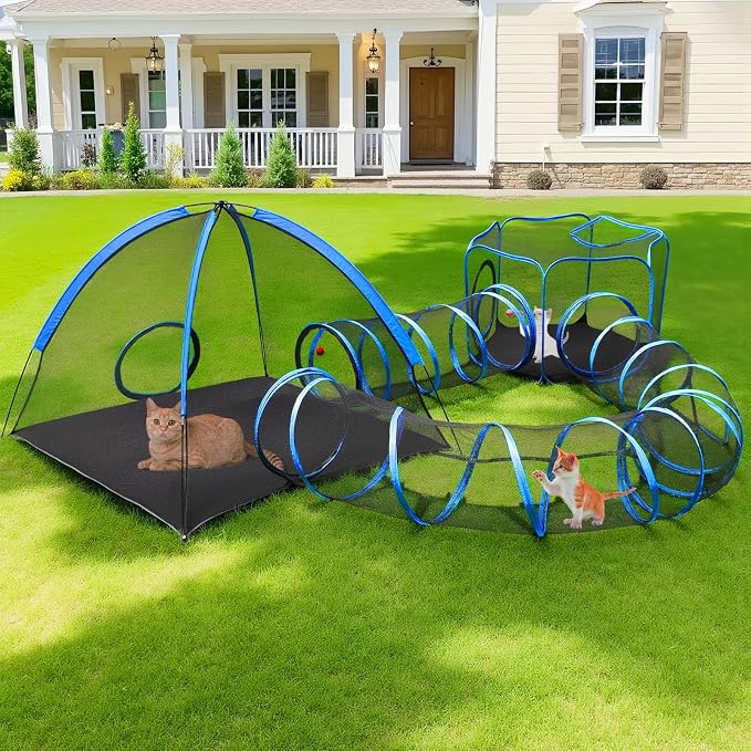 4-in-1 Outdoor Cat Enclosure, Portable Catio Tent with Tunnel | 2 Rooms & 2 Tunnels, Breathable Mesh, Carry Bag, Interactive Toys, Multi-Entry Doors, Indoor & Outdoor Use for Small pets by Tivray