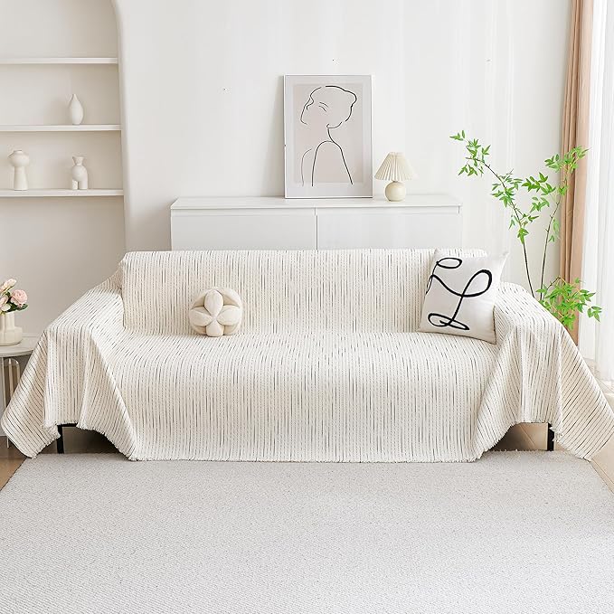 MYSKY HOME Couch Cover for Dogs, Sectional Couch Cover, Beige Lines Sofa Covers for Sectional Sofa L Shape Chenille Couch Protector for Dogs Pets Couch Covers Washable Soft Throw, 91"X150" - Image 3