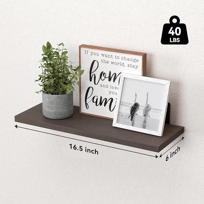 Wood Floating Shelves Set of 6, Shelves for Wall Decor, Farmhouse Shelf for Bedroom, Bathroom Storage Shelves, Book Shelves for Living Room, Dark Brown - Image 3