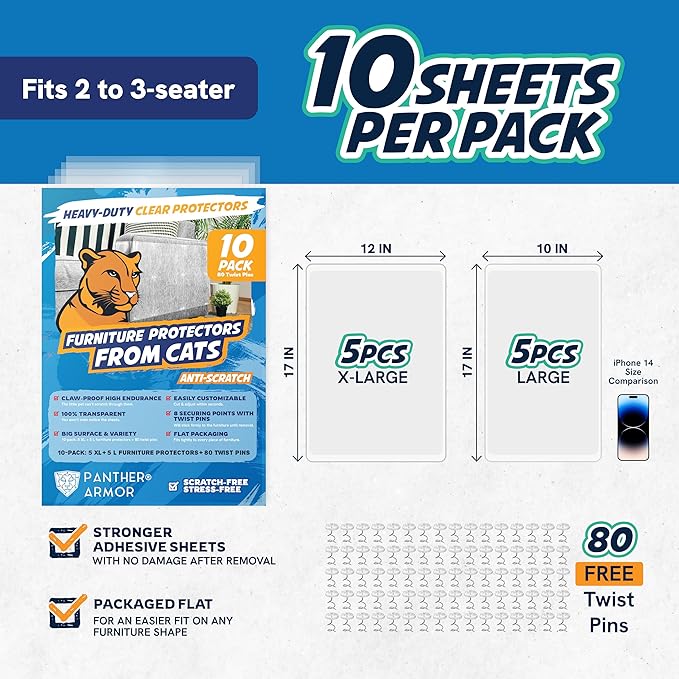 Panther Armor Cat Furniture Protector, 10 Clear Sheets with Twist Pins | Solid barrier shield, not a sticky deterrent. Couch protector from cat claws. 5 XL plus 5 large sheets, removable - Image 7