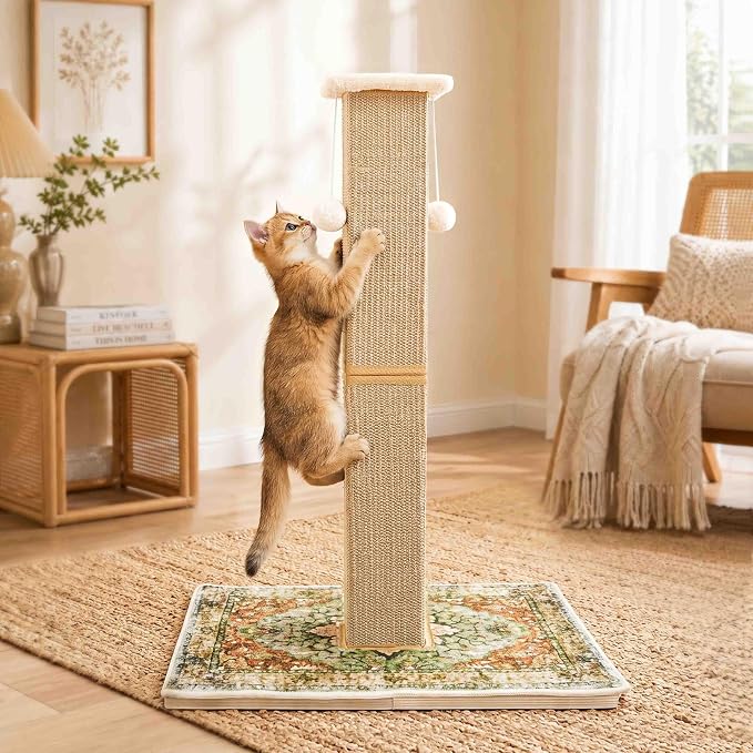 Tall Cat Scratching Post for Indoor Cats Adults with Carpet, Green | 33 Inch, Large Cat Post with Perch, Heavy Duty&Stable, Sisal Rope, Cute Cat Scratcher with Boho Carpet & Dangling Ball Toys - Image 7