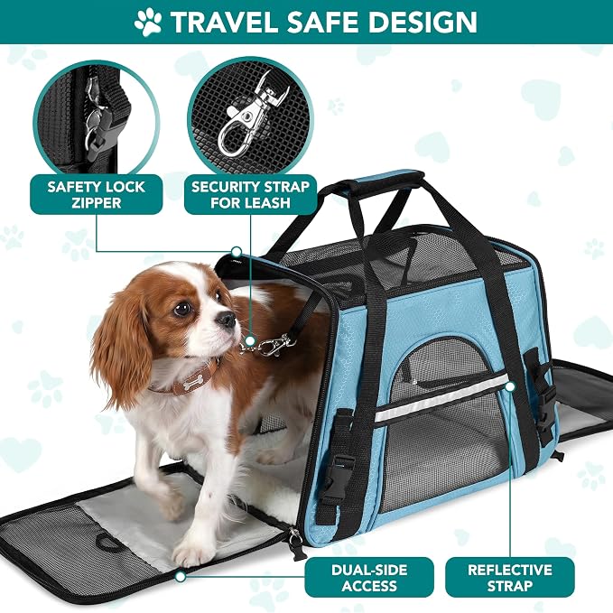 PetAmi Airline Approved Pet Carrier for Cats & Small Dogs, Large Light Blue | Soft Sided TSA Travel Bag, Sherpa Bed, Breathable Mesh Ventilation, Collapsible Bowl, Fits Under Seat, Up to 18 lbs - Image 4