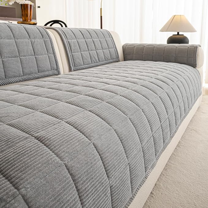 Couch Covers for Sectional Sofa, L Shaped Modular Couch Cover | 35”x83” Light Grey Velvet Non Slip Sofa Covers Washable for 3 Cushion Sofa, Couch Protect Against Pet Hair, Scratches Stains by PJLZJFBY