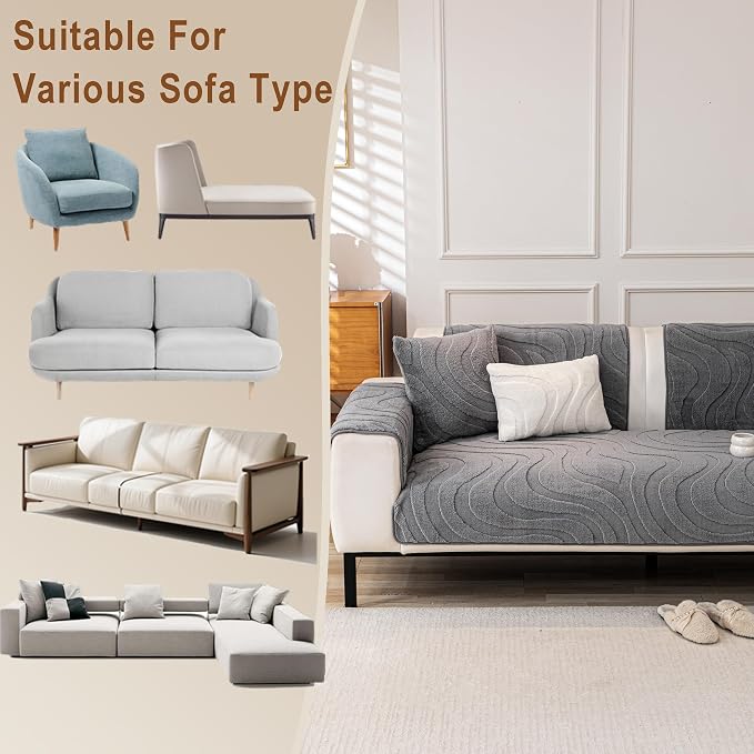 Couch Cover for Dogs, Velvet Fleece Non-Slip Sofa Covers Washable | Sofa Slipcovers for 3 Cushion Couch, Furniture Protector for Pet, L Shaped Sectional Couch Cover Wavy Grey, 36"X83" (1 Pcs) - Image 5