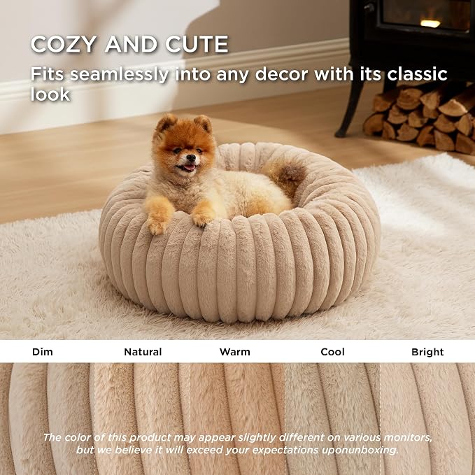 Bedsure ComfyFleece™ Donut Small Dog Bed with Removable Washable Cover | 23x23x7in, Calming Round Cat Beds for Indoor Cats, Support Plush Puppy Bed, Corduroy Fleece,Anti Slip Bottom,Sandy Beige - Image 4