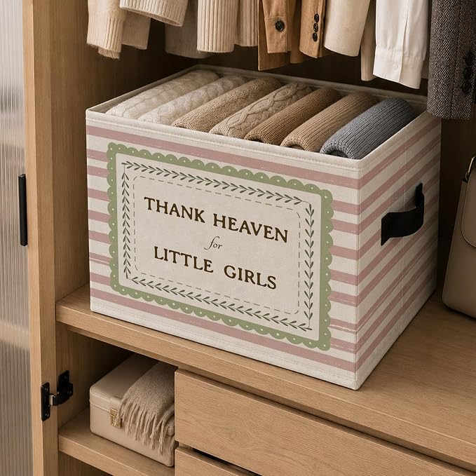 Girls Room Storage Bins Box, Heartfelt Saying Collapsible Organizer Basket | sweet soft cottage storage box basket for books clothes, pink striped organizer for nursery bedroom playroom, 10x14 in - Image 6