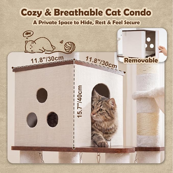 Heybly Wooden Cat Tree, 75" Cat Tower with Large Loft-Style Condo HCT123SR | Grooming Brush Cat Furniture with Side Scratch Area, Climb Stairs, Hammock, 2 Baskets, Dual Perches, Easy Clean, Rustic Brown - Image 3
