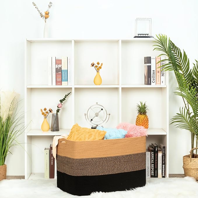 MINTWOOD Design 112L Extra Large Blanket Basket Holder Living Room, 25"x17"x16" Rectangle Rope Woven Storage Basket with Handles for Laundry, Pool Towels, Shoes, Dog Toy Organizer Bin Box, Black Jute - Image 5