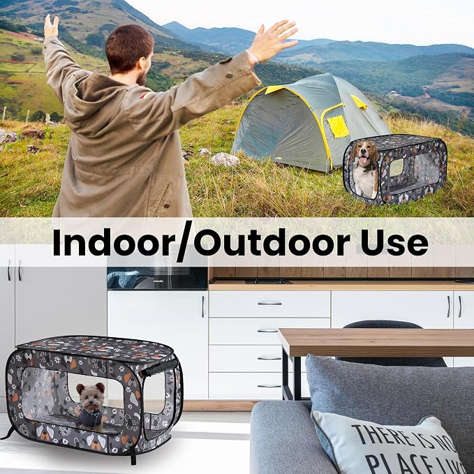 Portable Collapsible Pop Up Kennel, 40" L x 27" W x 27" H, Face of Love | Collapsible indoor/outdoor travel cat and dog crate with mesh screen windows pops up and folds flat for easy storage - Image 6