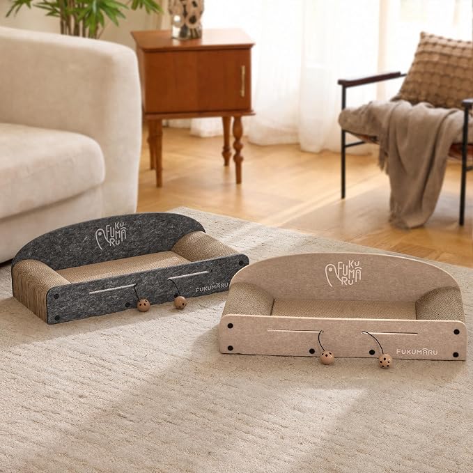 FUKUMARU Large Cat Scratcher Bed, 26 Inch Cat Scratching Bed Sofa Indoor | Cardboard Cat Scratcher with 2 Reversible Scratch Pad Refills, Durable Large Cat Scratching Lounger with Ball Toy, Beige - Image 9