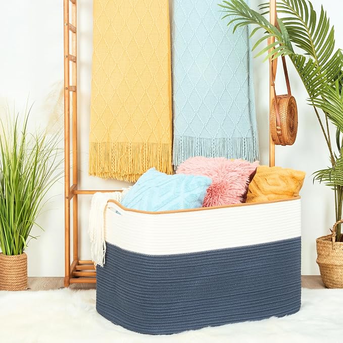 MINTWOOD Design 112L Extra Large Blanket Basket Holder Living Room, 25"x17"x16" Rectangle Rope Woven Storage Basket with Handles for Laundry, Towels, Shoes, Dog Toy Organizer Bin Box, Prussian Blue - Image 2