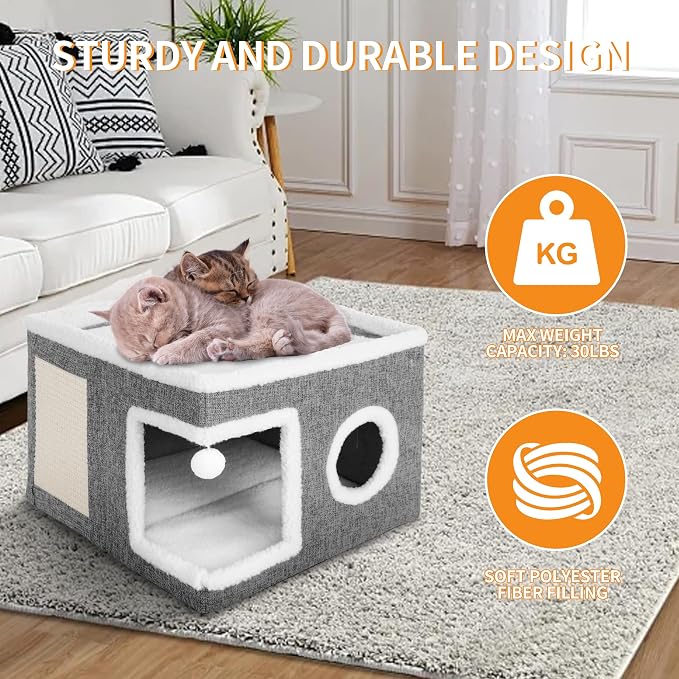 Cat Beds for Indoor Cats, Large Cat Cave with Fluffy Ball and Scratch Pad, Foldable Cat Scratch House with Hideaway Condo for Kitten, Grey - Image 7