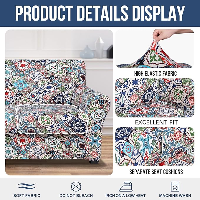 hyha Stretch Couch Cover, Sofa Covers for 2 Separate Cushion Couch Washable | Loveseat Cover, Floral Pattern, Printed, 3 Pieces, 2 Seater Furniture Protector with Elastic Bottom for Dogs, Pet Friendly - Image 4