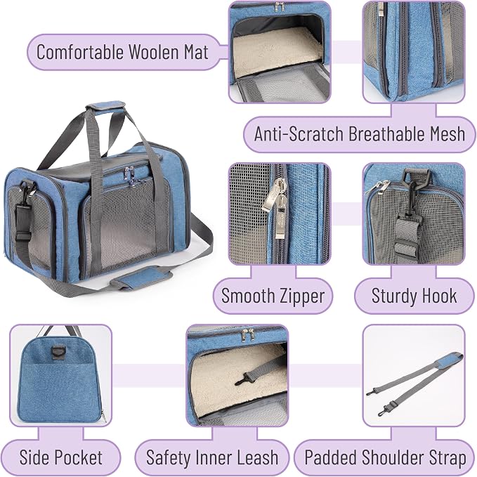 Mr. Pen- Pet Carrier, 17.5" x 11.2" x 11.5", Medium Size, Blue | Portable Travel Carrier for Small Pets, Cats & Small Dogs, Breathable Mesh, Safety Inner Leash - Image 3