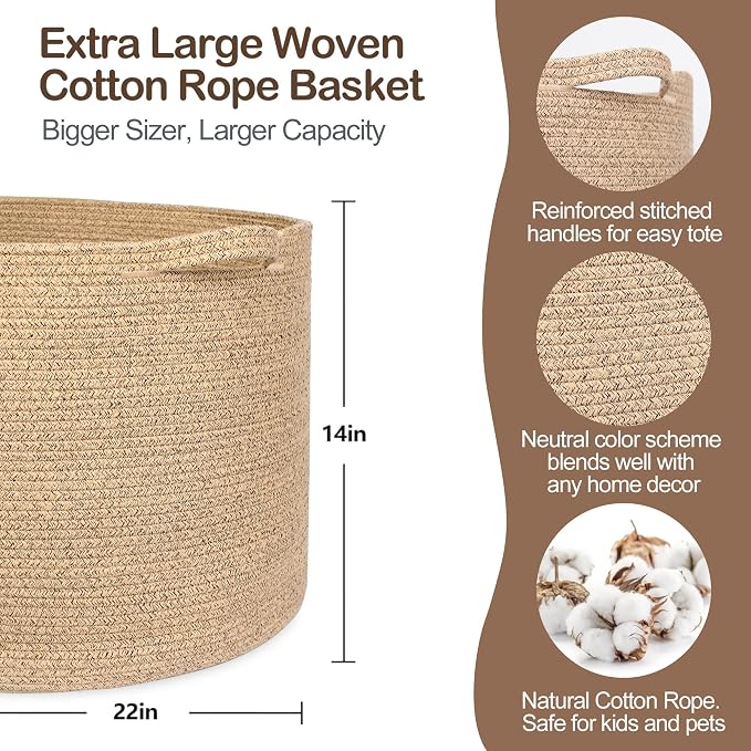 MEGASKET Extra Large Storage Basket, 22”x14” Woven Cotton Rope Basket, Big Kids Dog Floor Toy Bin, XXL Blanket Pillow Holder for Living Room Bedroom, Brown Variegated Round Baskets for Organizing - Image 2