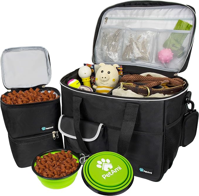 PetAmi Dog Travel Bag Organizer, Pet Supplies Tote Diaper Bag, Black Large | Pet Travel Kit with 2 Food Containers & 2 Collapsible Dog Bowls, Luggage Sleeve, Weekend Getaway Road Trip Camping Essentials by PetAmi