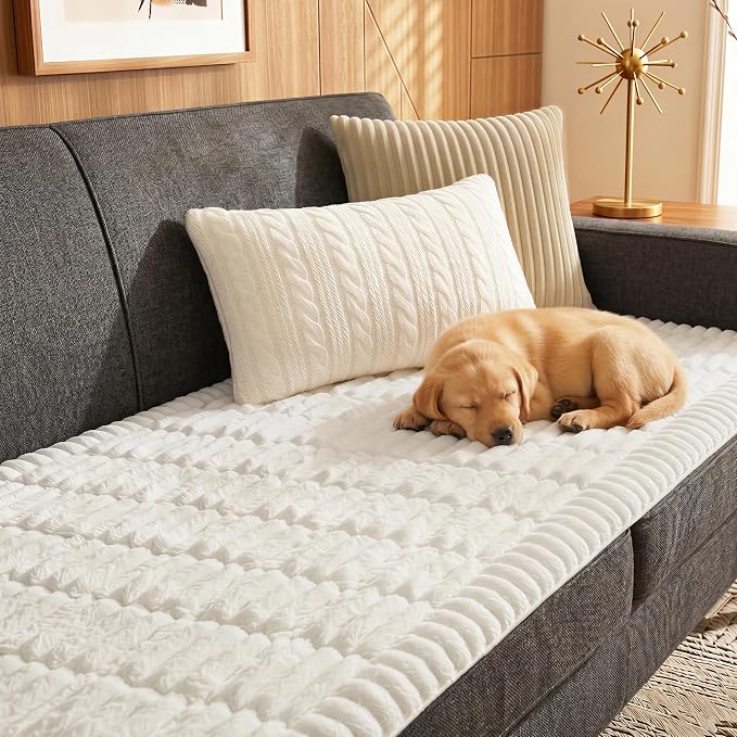 Fixwal Waterproof Flannel Dog Couch Cover, 27.6" x 70.9", White | Integrated TPU Barrier, Non-Slip Backing, Machine Washable, Pet Friendly, Easy Clean Pet Hair, Soft Sofa Cushion Protector by Fixwal