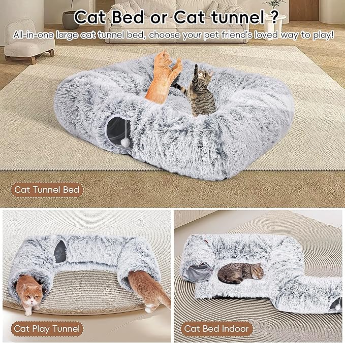 Extra Large Cat Tunnel Bed, 4 Ways Tunnels for Indoor Cats, Multi-cat Family Cat Bed & Cave, Plush Cat Donut with Washable Middle Mat, Exit Balls, Pet Play Toy for Kitten Puppy Rabbit, Grey - Image 3