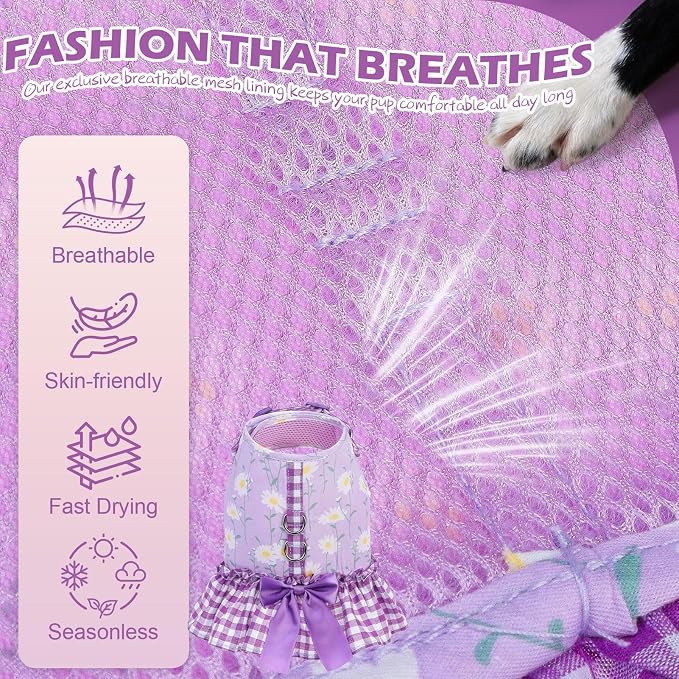 EXPAWLORER Dog Harness Small Medium Sized Dogs, No Choke No Pull Mesh Vest | Daisy Dog Dress Bowknot Harness and Leash Set, Soft Cute Princess Puppy Outfits Clothes Costume for Girls Party Cats Purple S - Image 3