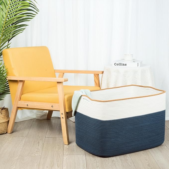 MINTWOOD Design 112L Extra Large Blanket Basket Holder Living Room, 25"x17"x16" Rectangle Rope Woven Storage Basket with Handles for Laundry, Towels, Shoes, Dog Toy Organizer Bin Box, Prussian Blue - Image 3