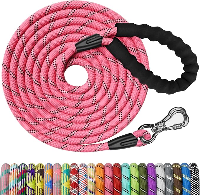 NTR Long Pink Dog Leash, 20FT Check Cord with Swivel Lockable Hook and Comfortable Padded Handle for Reflective Dog Leash for Small Medium and Large Dogs Walking Training Hiking Camping Playing by NTR