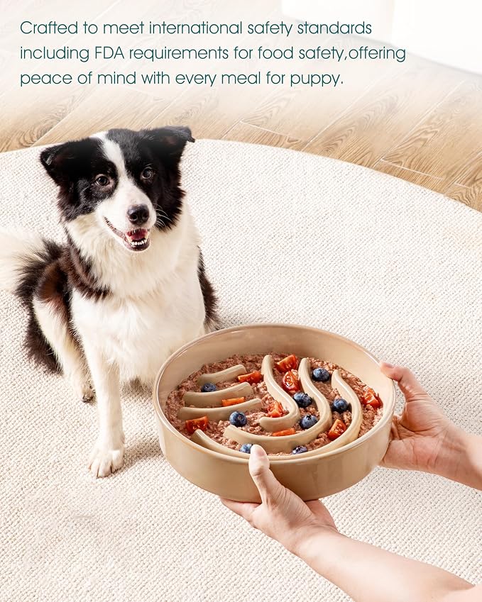 vancasso Slow Feeder Dog Bowl, 3 Cup Ceramic Slow Feeding Food Dish for Large Breed, Puzzle Dog Food Bowl for Fast Eater, Brown - Image 6