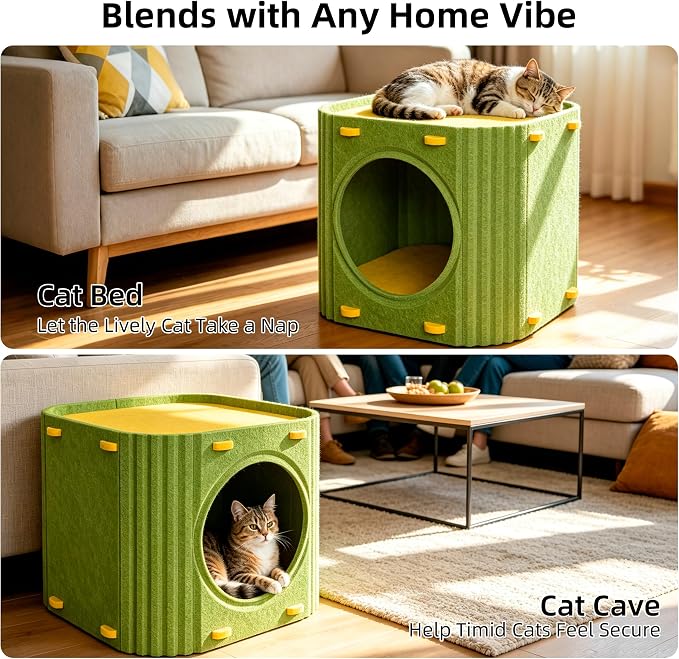 Cat House for Indoor Cats, Thick Felt Cat Bed, Scratch Resistant | Sturdy Cat Bed Cave, 2-in-1 Cat Condo, Cozy Felt Covered Cats Tunnel, 14.9 Inch Kitten Hideaway for Multicats, Up to 22Lbs - Image 2