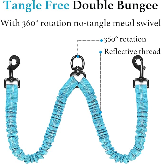 Double Dog Leash, 360° Swivel, No Tangle, Large, 25-150 lbs, Blue | Dual Leash for Two Dogs, Split Leash, Shock-Absorbing Bungee, Padded Handle, Heavy-Duty Rope - Image 5