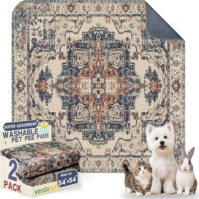 Washable Pee Pads for Dogs, Reusable Puppy Potty Training Pads, Ultra-Absorbent Thick Waterproof Leak-Proof Non-Slip Pads & Mat for Crate, Playpen, Floor, Whelping & Housebreaking , 2 Pack 54"x54" by Verdasun
