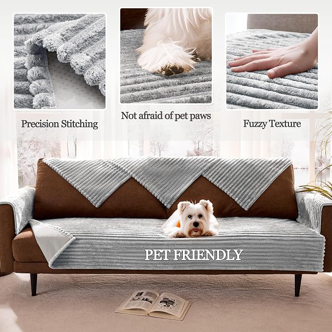 Dual Non-Slip Couch Cover for Dogs Waterproof, Fuzzy Soft Pet Couch Covers for Sofa 3 Cushion, Pet Friendly Soft Dog Bed Covers Sofa Cover Washable (Seagull Gray, 33" x 95" 1 Pack) - Image 4