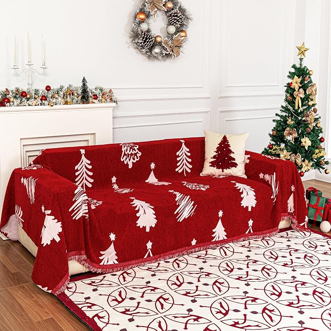 MYSKY HOME 71X102 inches Chair Christmas Couch Cover, Sectional Sofa Covers Sofa Slipcover for 1 Cushion Couch, L Shape Couch Covers for Dogs, Kids, Washable Sofa Blanket, Furniture Protector, Red by MYSKYHOME