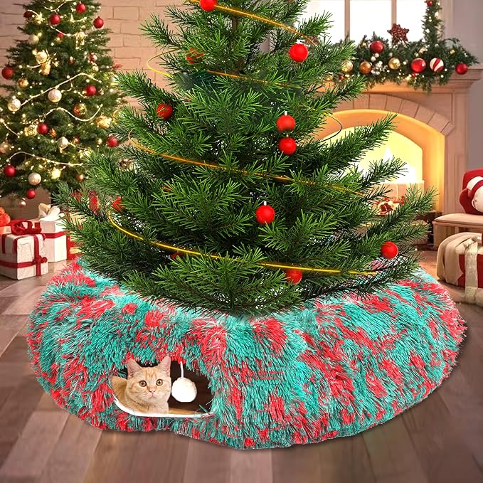 Warm Fluffy Plush Cat Tunnel Bed Under Christmas Tree Big Tube Playground Toys 3 FT Diameter Longer Crinkle Collapsible 3 Way, for Indoor Cat Kitty Kitten Puppy Rabbit Ferret Green-Red - Image 6