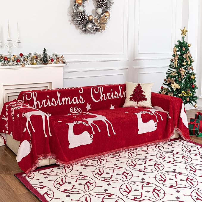 MYSKY HOME Christmas Couch Cover Sofa Cover, Couch Covers for 3 Cushion Couch Sofa Pet Friendly, L Shaped Couch Cover, Sectional Couch Covers Non Slip Furniture Protector for Kids, Dogs, 71"x134", Red by MYSKYHOME