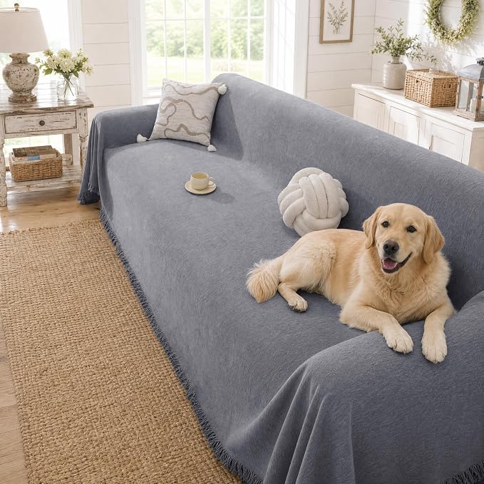 Chenille Couch Cover for Dogs Washable Boho Throw Blanket Washable | 71"×150",Gray, Soft Chenille, Tassel Design, Pet Friendly, Furniture Protector, for Couch, Sofa, Bed, Living Room by YSTELLAA