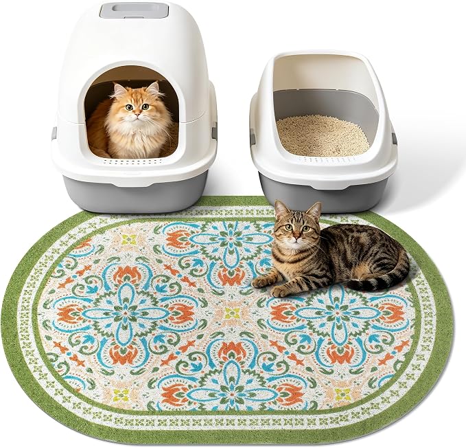 Cat Litter Mat, 33"x22" High Density PVC Litter Trapping Mat, Non-Slip, Waterproof & Urine-Proof Litters Catcher Mats, Keep Floor Clean, Soft on Kitten Paws, Cat Essentials Bean Green by Yigerlee