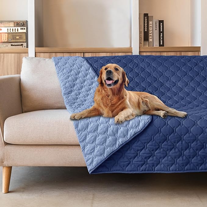 gogobunny 100% Double Sided Waterproof Dog Blanket Soft Pet Bed Cover Reversible Protect Furniture Couch Sofa Car for Puppy Large Dog Cat (Dark Navy/Light Navy, 52x82 Inch (Pack of 1)) by gogobunny