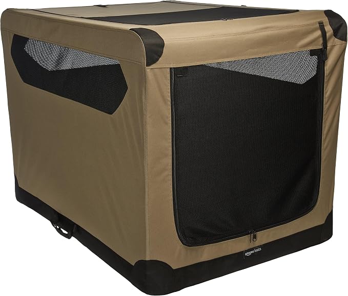 Amazon Basics Portable Folding Soft Dog Crate, Double Door, Collapsible Travel Kennel, Easy to Set Up, Sturdy, Secure, XL 42" x 31" x 31", Tan by AmazonBasics