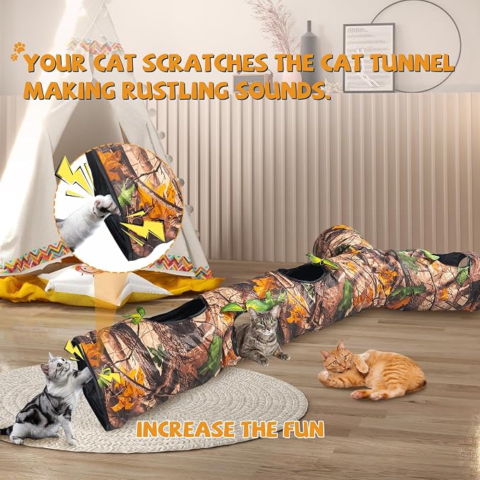 Cat Tunnels for Indoor Cats Large, 3 Way Cat Tunnel with 5 Holes and Leaves, Cat Tunnel Toy with Loud Paper - Pop Up Collapsible - Connect More Tunnels for Large Cat, Puppy, Kitten - Image 5