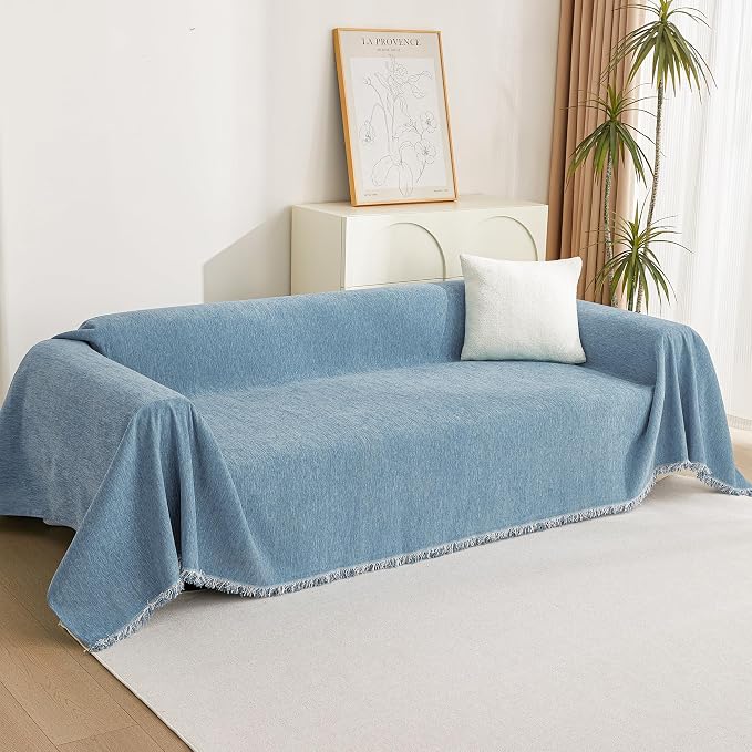 MYSKY HOME Chenille Couch Cover, Sofa Slipcover for 2-3 Cushion Sectional Couch, Machine Washable Soft Furniture Protector with Tassels, Futon Sofa Covers, Throw for Dogs, Kids 71" x 150", Blue - Image 9
