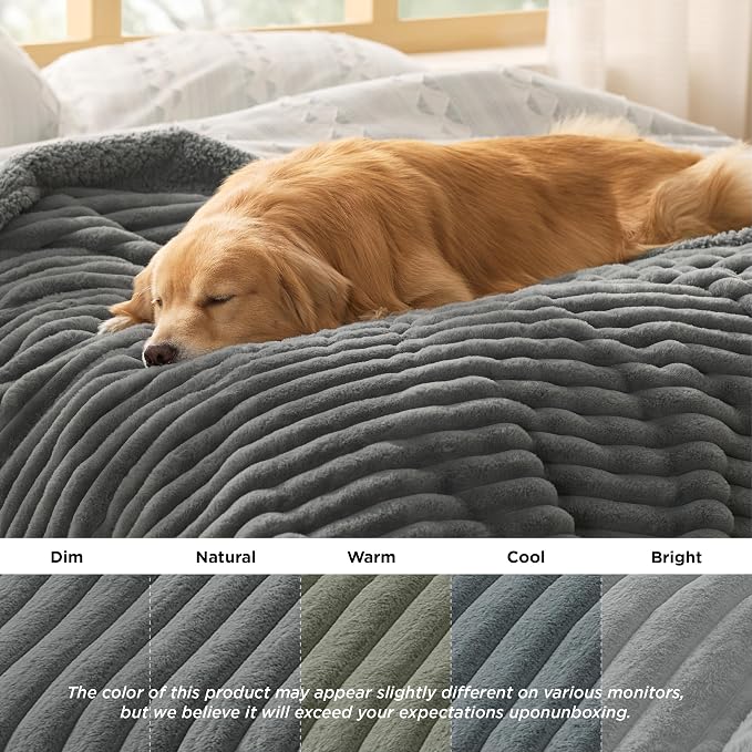Bedsure ComfyFleece™ Waterproof Dog Blankets for Large Dogs,50x60 | Soft Plush Couch Cover,Washable Corduroy Fleece for Furniture Protector,Cozy Calming Reversible Pet Blanket, Warm Grey - Image 8