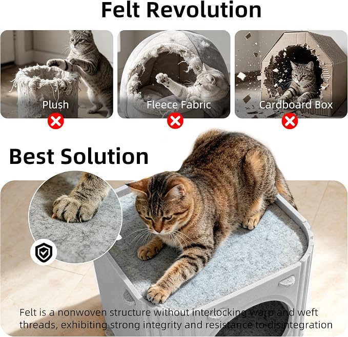 Cat House for Indoor Cats, Felt Cat Bed Cave, Scratch Resistant, Gray | Cat Hideaway Enclosed Bed, Thick Cat Bed Cave, Hideaway Cat Cave for Timid Cats, Sturdy Two-Tier Cat Condo & Cat Houses - Image 3
