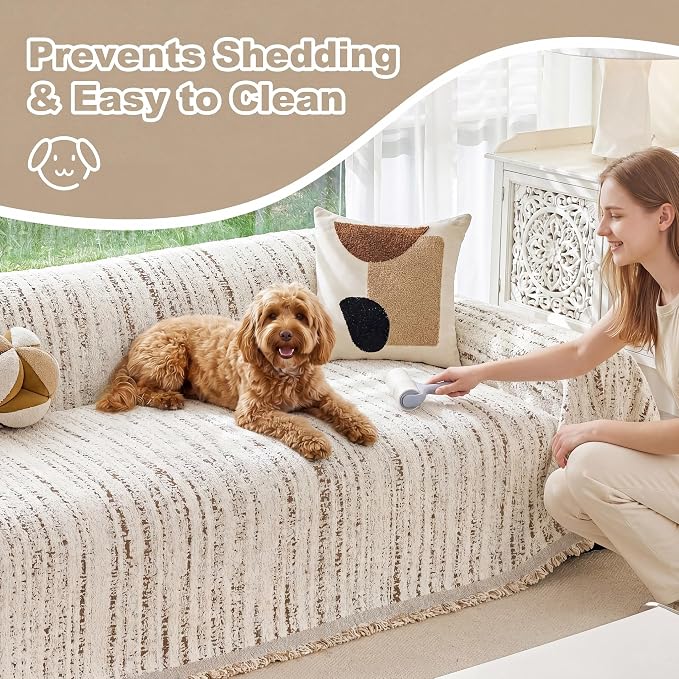 Couch Cover for Dogs Washable Sofa Cover, Sectional Couch Covers, Sofa Covers for 2 Cushion Couch, Non Slip Stripe Sofa Slipcovers Furniture Protector (Quicksand White 91x102) - Image 6