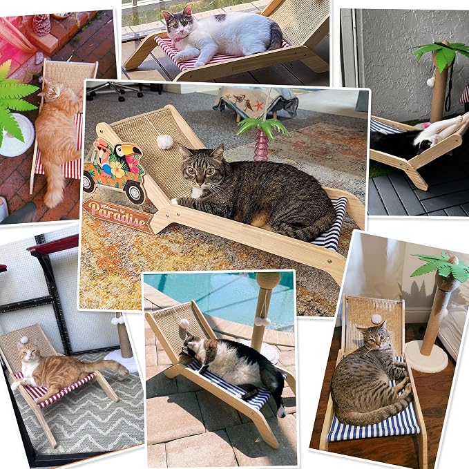 PETKARAY Cat Hammock with Coconut Palm Tree Scratching Post, Cozy Beach Chair Elevated Cat Beds, Original Lounger for Indoor Cats - Image 6